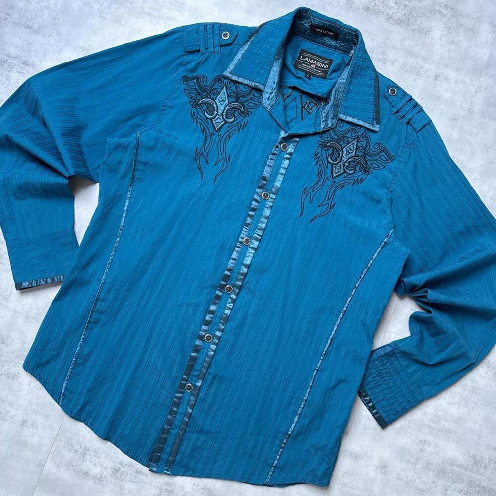 Y2K Affliction Blue Lamasimi Jeans Company Button up shirt - Picture 7 of 8